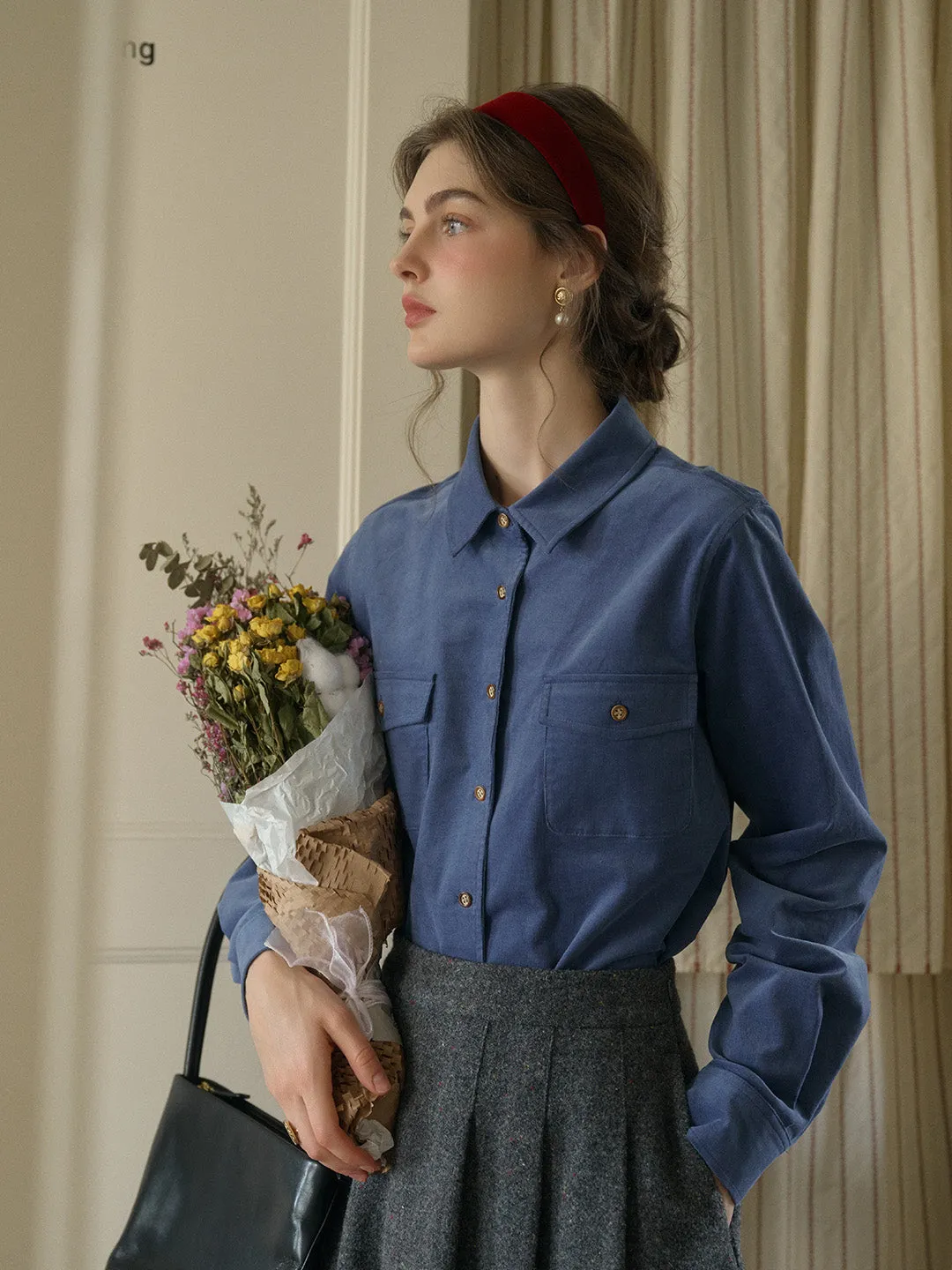 Anais Classic Notched Collar Pocket Corduroy Shirt - Red
