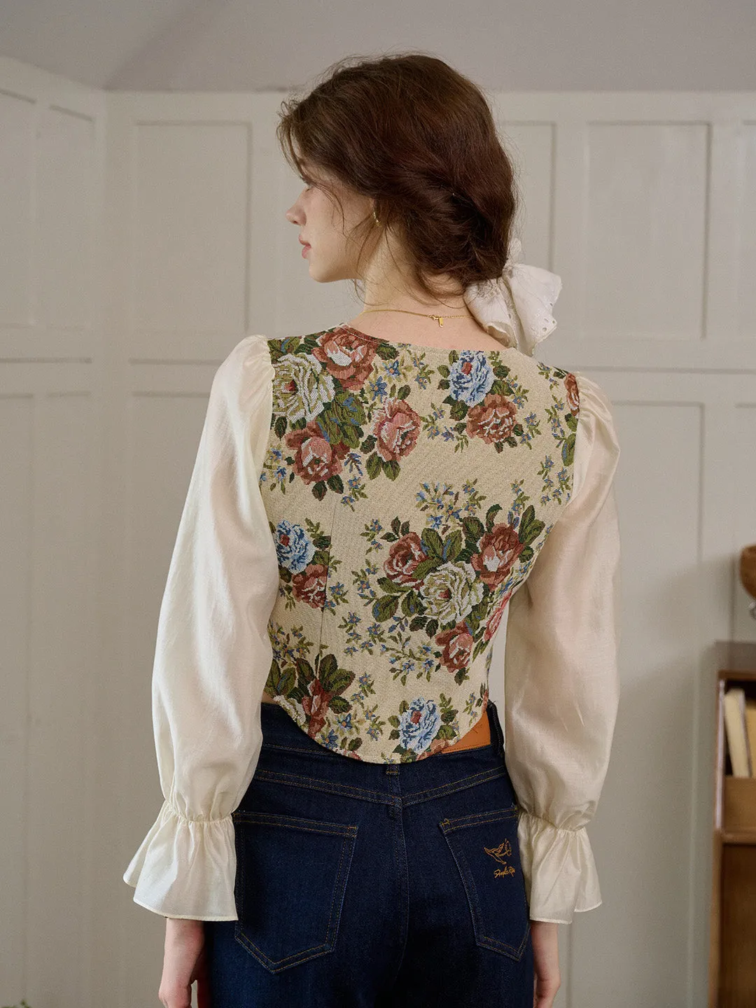 【Final Sale】Hana French Square Neck Bow Bell Sleeve Floral Patchwork Eedwardian Style Top