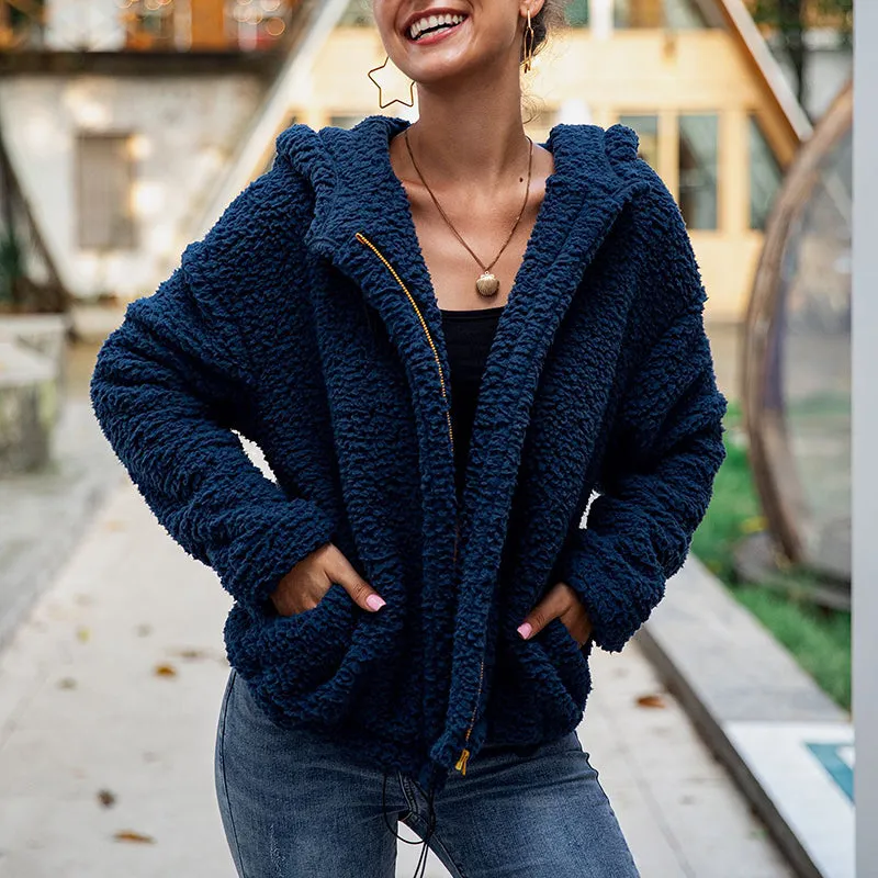 Hooded Long-sleeved Plush Pocket Zip Sweatshirt