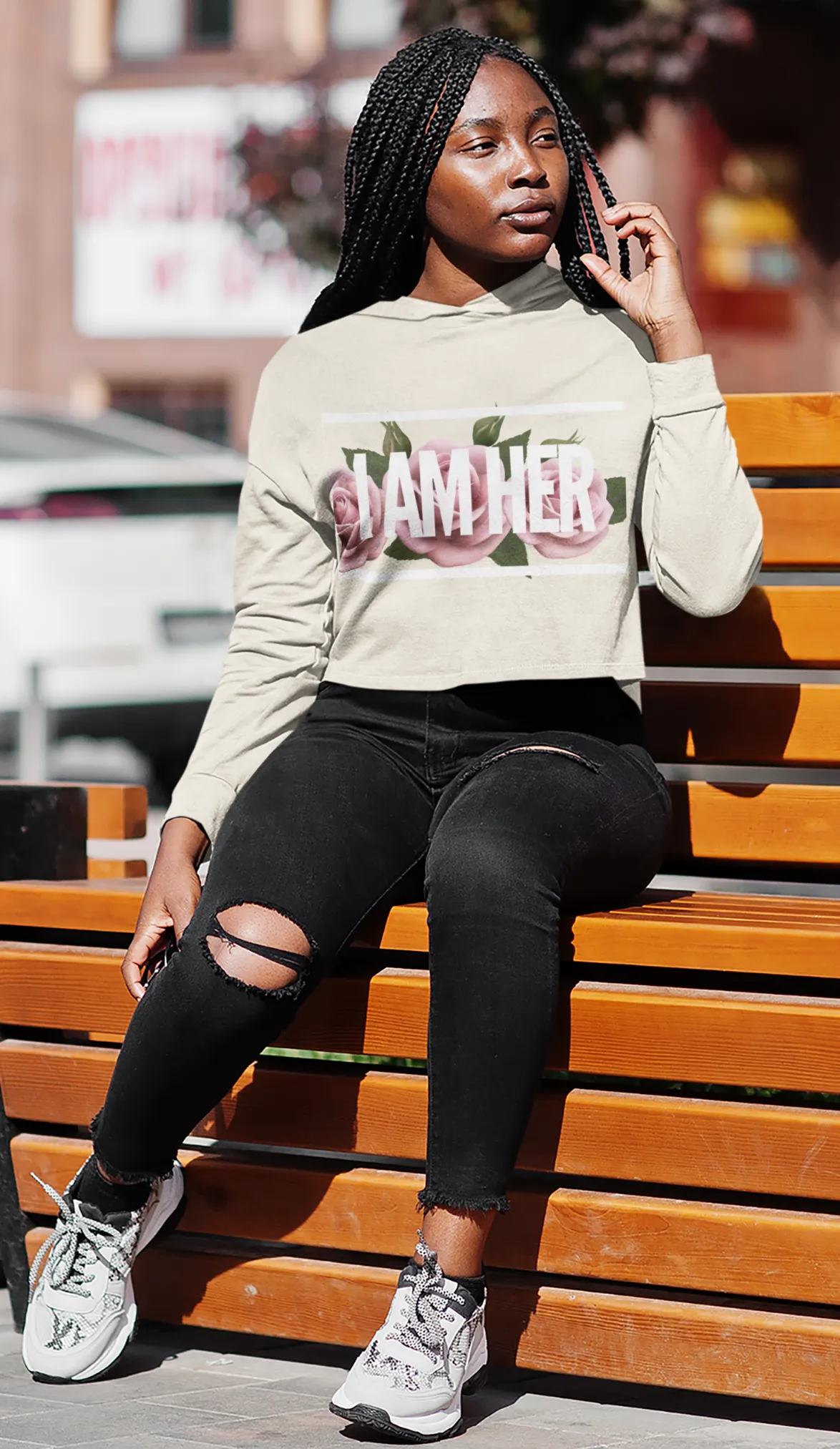 I AM HER en Rose - Women's Cropped Fleece Hoodie - Cream