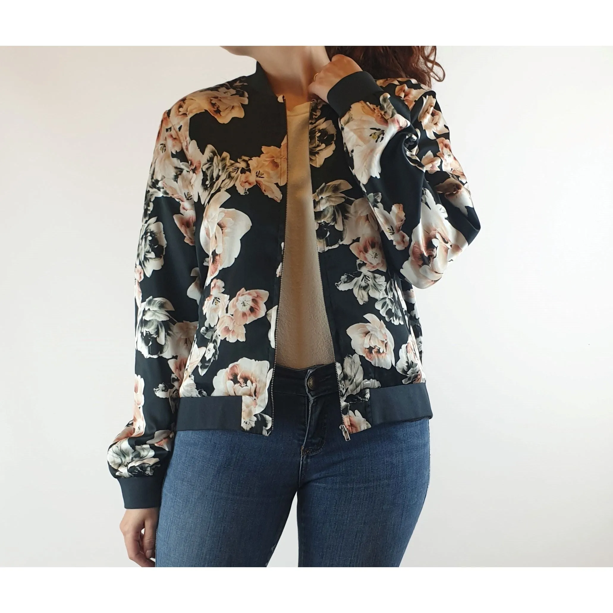 Jump black silkly feel bomber style jacket with pretty rose print size 10