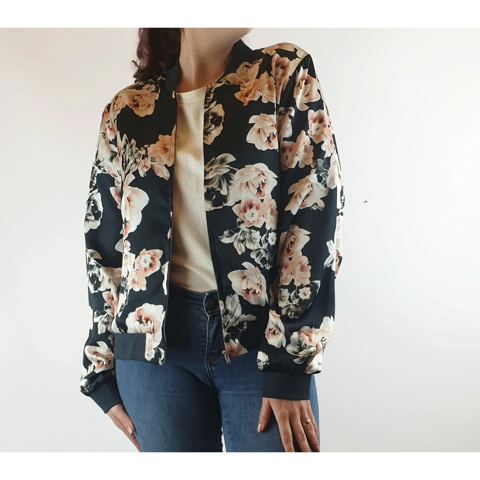 Jump black silkly feel bomber style jacket with pretty rose print size 10