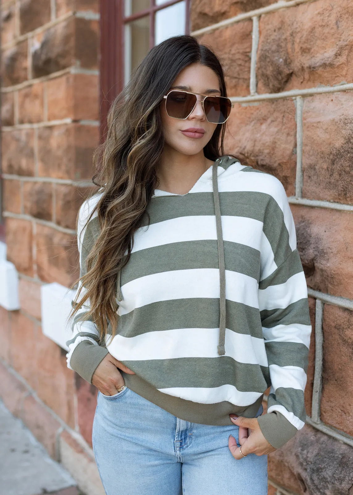 Olive & White Stripe Hoodie Pullover Top