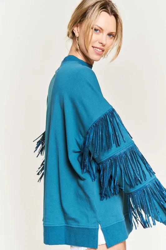 Silver studded fringe sleeve top JJT5009