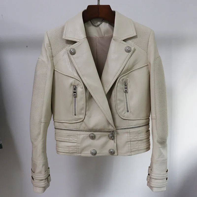 Women Black Leather Jacket Moto Biker Blazer Coats