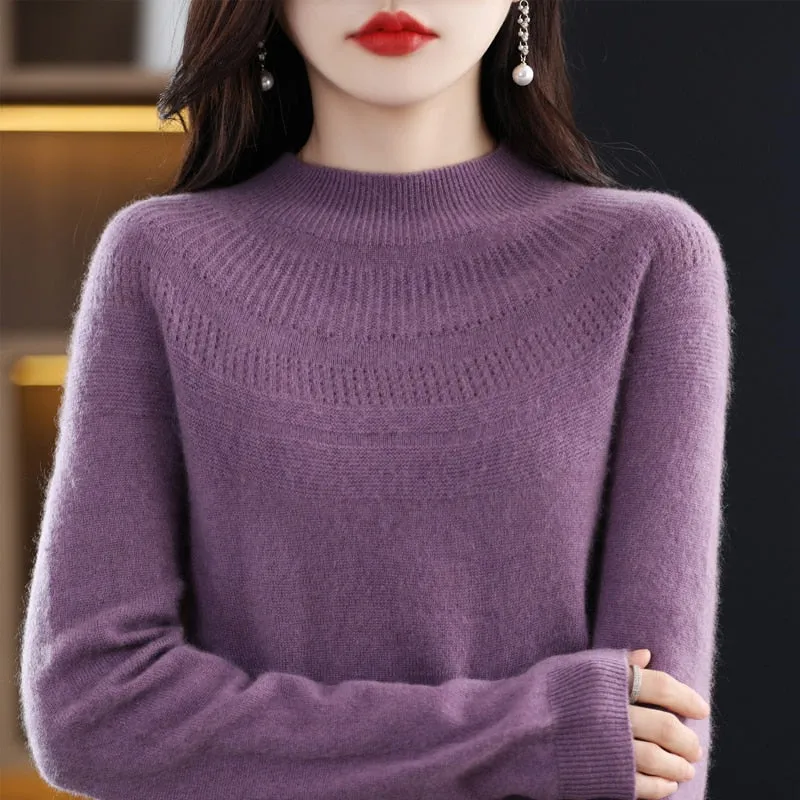 Women's Knitted O-Neck Cashmere Sweater 100% Pure Wool Pullover